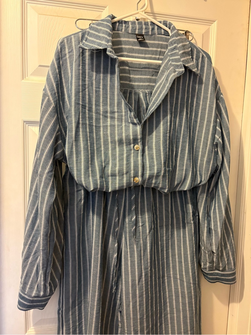 SHEIN Blue and White Vertical-Stripe Long Sleeve linen set